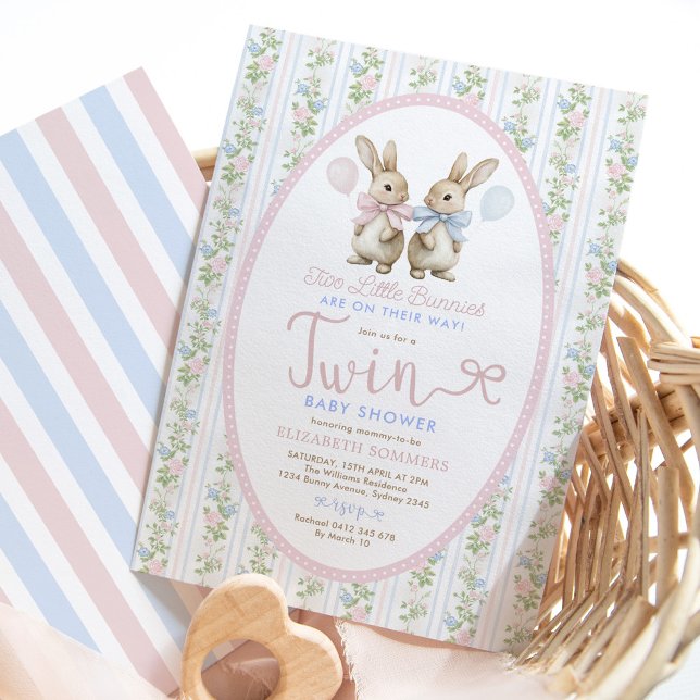 Coquette Bunny Balloon Boy Girl Twin Baby Shower Invitation (Creator Uploaded)