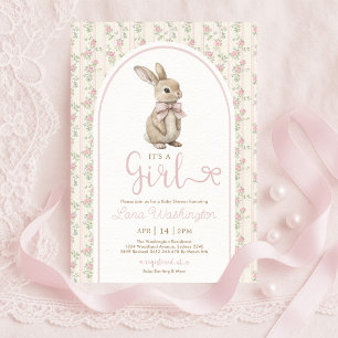 Coquette Bunny Pink Bow Roses Girl Baby Shower Invitation