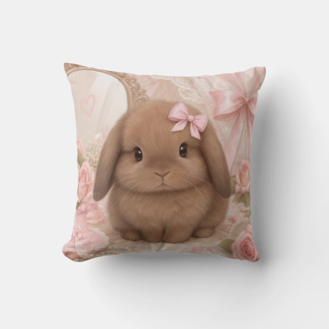 coquette bunny pink bow throw pillow  (Front)