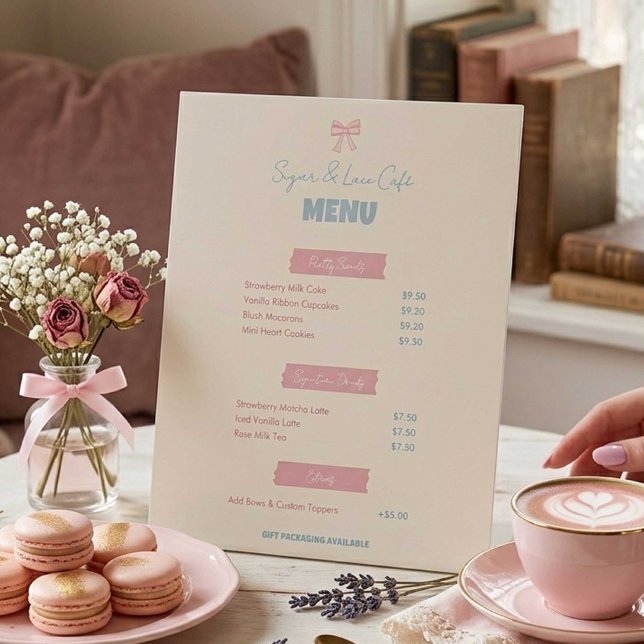 Coquette Cafe Menu Pink Bow Bakery Dessert Display Pedestal Sign (Creator Uploaded)