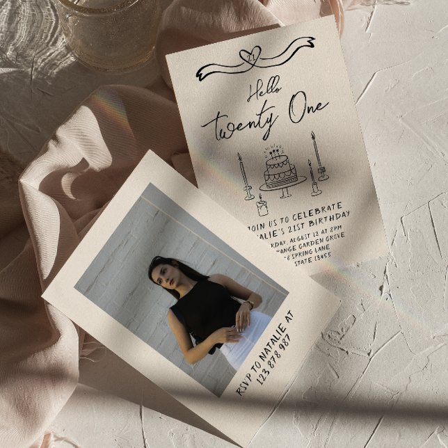 Coquette Cake Hello Twenty One Photo Birthday Invitation (Creator Uploaded)