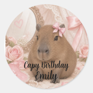 coquette capybara pink bow classic round sticker