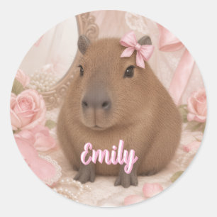 coquette capybara pink bow classic round sticker