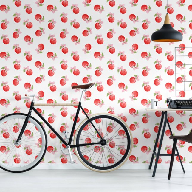 Coquette Cherries and Pink Bows Peel and Stick Wallpaper (Creator Uploaded)