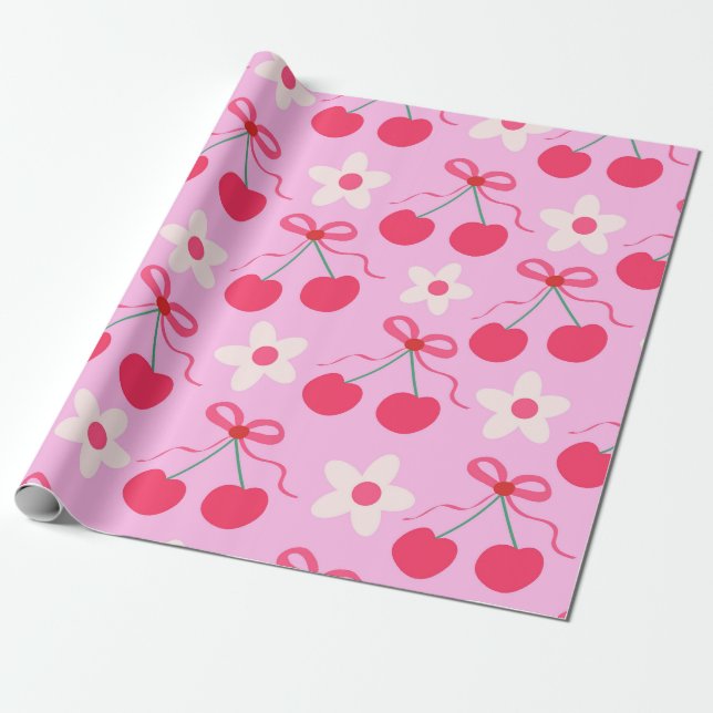 Coquette Cherries with Red Bows and White Flowers  Wrapping Paper (Unrolled)