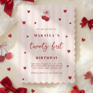 Coquette Cherry 21st Heart Aesthetic Birthday Invitation