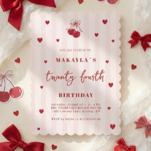 Coquette Cherry 24th Heart Aesthetic Birthday Invitation