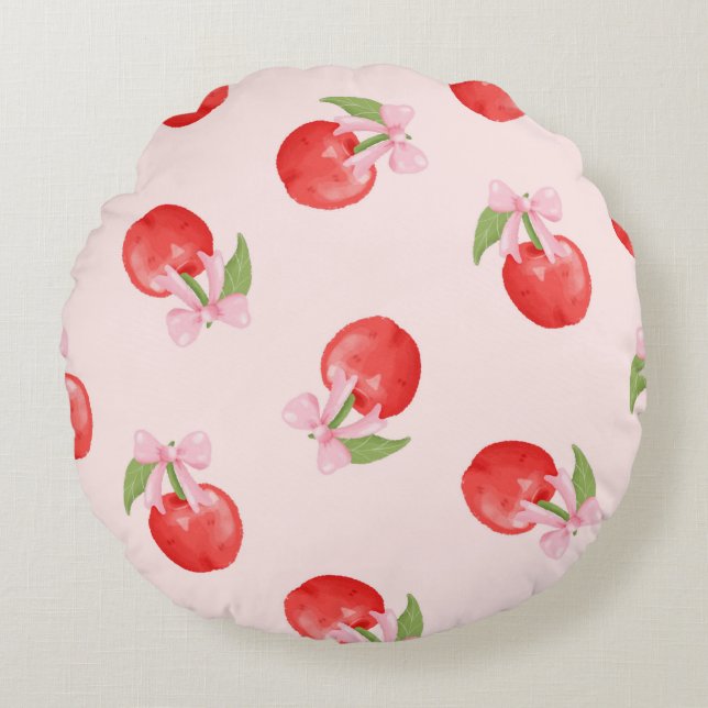 Coquette Cherry and Bow Round Pillow (Front)