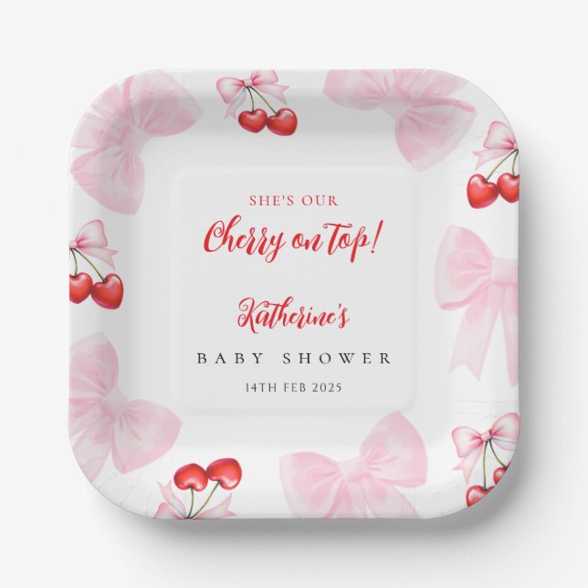 Coquette Cherry Baby Shower Paper Plate (Front)