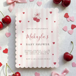 Coquette Cherry Baby Shower Pink Striped Vintage Invitation