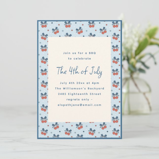 Coquette Cherry Bow Cute Fourth of July Party BBQ Invitation (Standing Front)