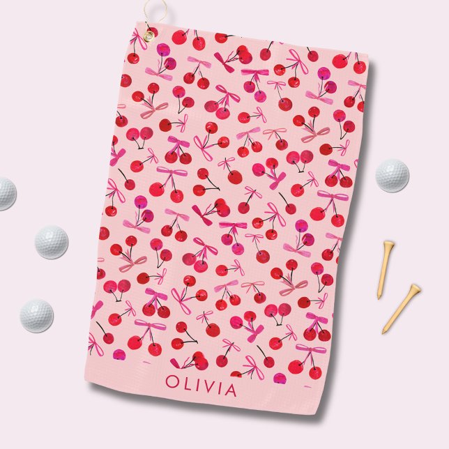 Coquette Cherry & bow pattern Golf Towel (Coquette cherry and bow girly pattern pink golf towel. Personalize with your own name or initials.)