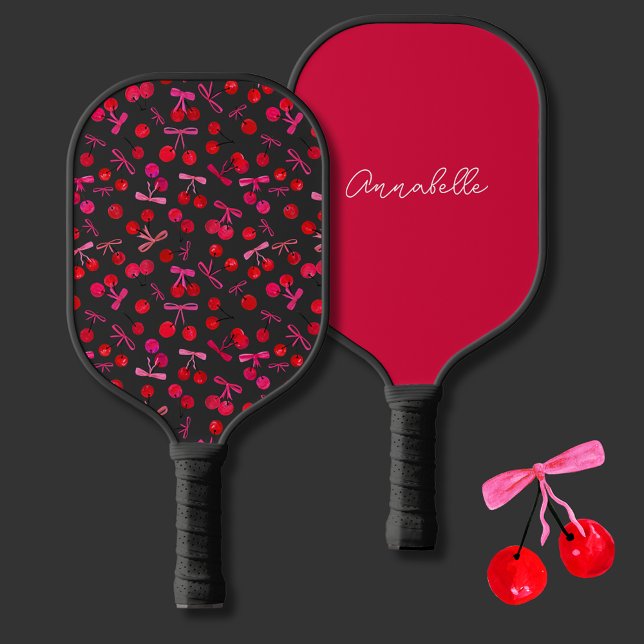 Coquette Cherry & bow pattern Pickleball Paddle (Coquette cherry and bow girly pattern personalized pickleball paddle, dark great background.)
