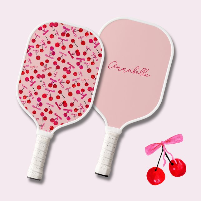 Coquette Cherry & bow pattern Pickleball Paddle (Coquette cherry and bow girly pattern pink pickleball paddle. Personalize with own name or initials.)