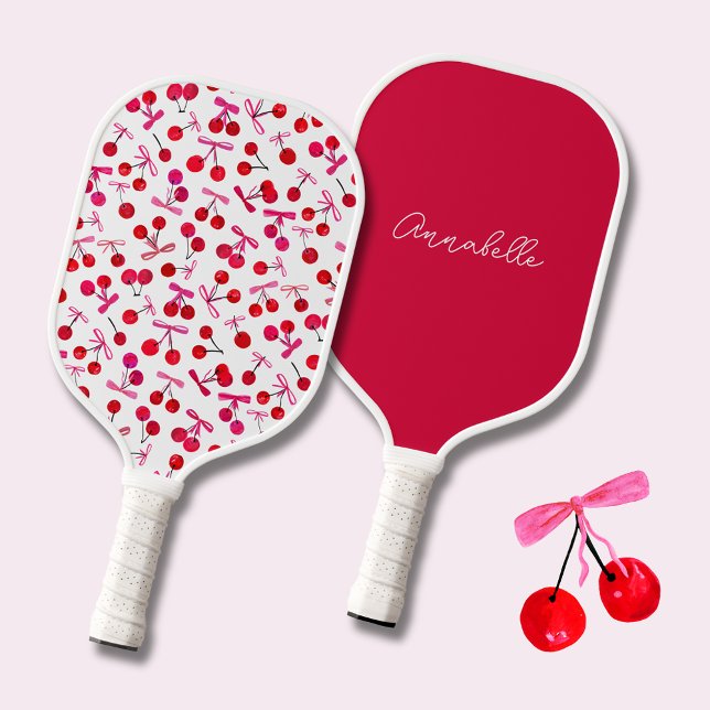 Coquette Cherry & bow pattern Pickleball Paddle (Coquette cherry and bow girly pattern personalized pickleball paddle.)