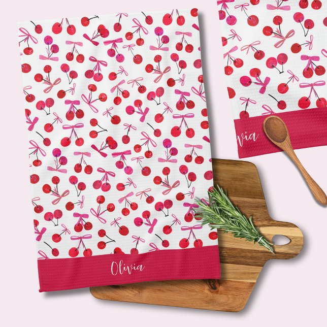 Coquette Cherry & bow pattern Tea Towel (Coquette cherry and bow girly pattern kitchen towel. Personalize with your own name or initials.)