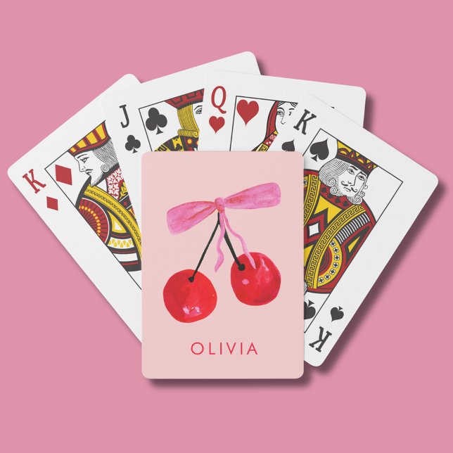Coquette Cherry & Bow Playing Cards (Coquette cherry and bow girly playing cards. Personalize with your own name or initials.)