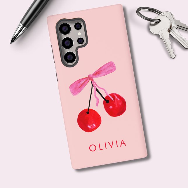 Coquette Cherry & Bow Samsung Galaxy S22 Ultra Case (Coquette cherry and bow girly Samsung phone case. Personalize with your own name or initials.)