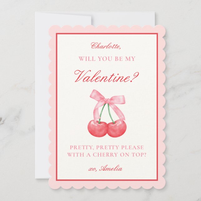 Coquette Cherry & Bow Valentines or Galentines Day Holiday Card (Front)
