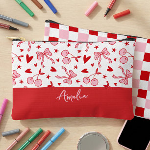Coquette Cherry & Bows Pink and Red Checkerboard Accessory Pouch