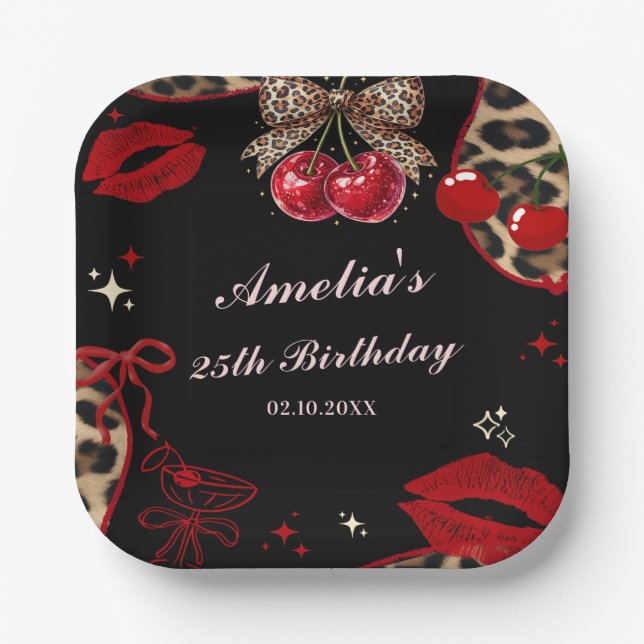Coquette Cherry Cheetah Birthday Party Paper Plate (Front)