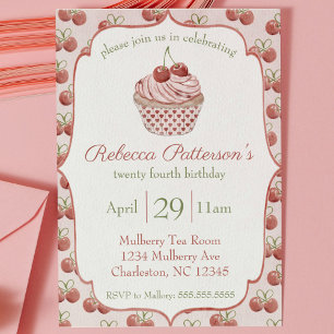 Coquette Cherry Cupcake Watercolor Birthday Party Invitation