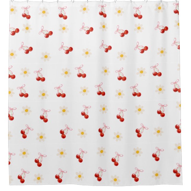 Coquette Cherry Daisy Shower Curtain (Front)