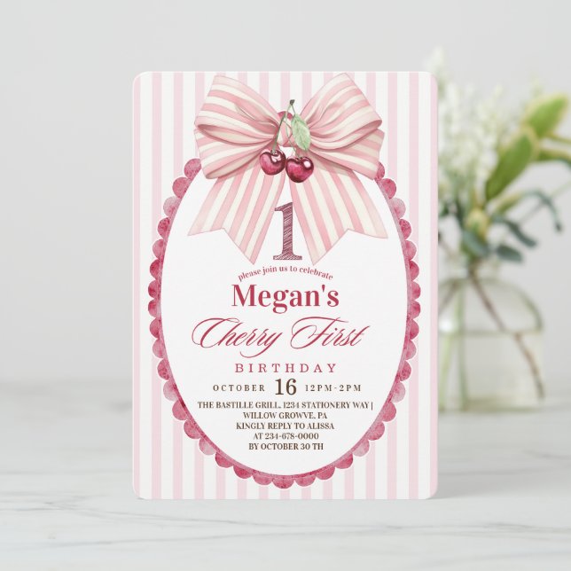 Coquette Cherry First  1st Birthday Party Invitation (Standing Front)