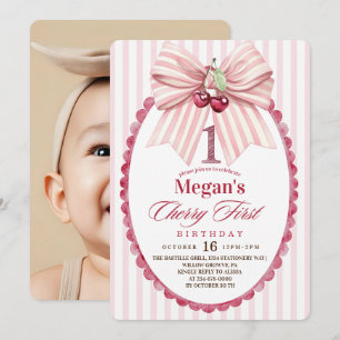 Coquette Cherry First 1st Girly Birthday Party Invitation