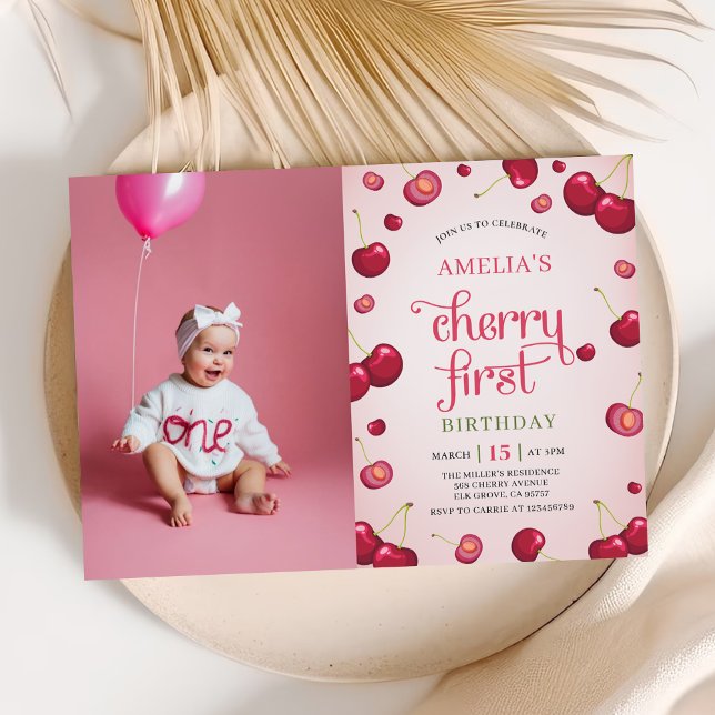 Coquette Cherry First Birthday Photo Invitation (Creator Uploaded)