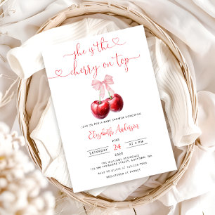Coquette Cherry on Top Bow Baby Shower Invitation