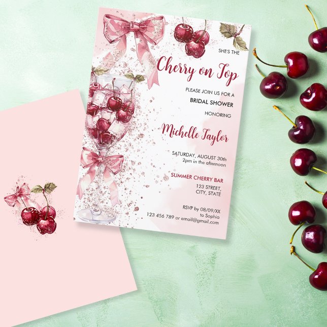 Coquette Cherry on Top Bow Cocktail Bridal Shower Invitation (blush pink watercolor cherry cocktail with a bow)