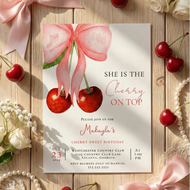 Coquette Cherry on Top Girl Birthday Invitation (Creator Uploaded)