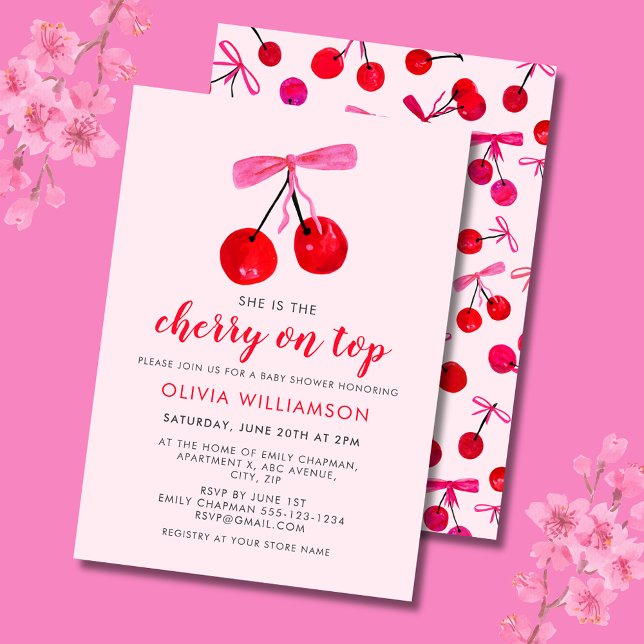 Coquette Cherry on Top Girls Baby Shower Invitation (Cherry on Top Baby Shower invitation with coquette cherries and pink ribbon bow)