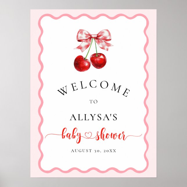 Coquette Cherry On Top Wavy Baby Shower Welcome Poster (Front)