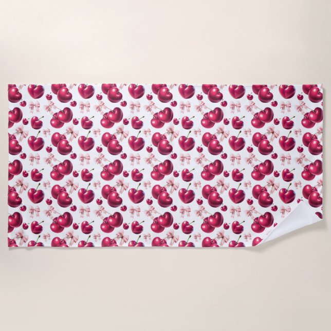 Coquette Cherry Pattern Pink Bow Aesthetic  Beach Towel (Front)