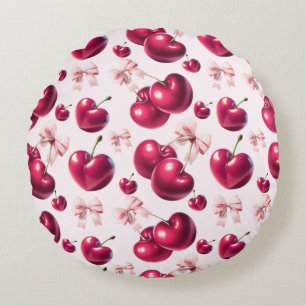 Coquette Cherry Pattern Pink Bow Aesthetic Round Cushion