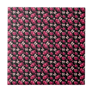 Coquette Cherry Pattern Pink Bow Aesthetic Tile