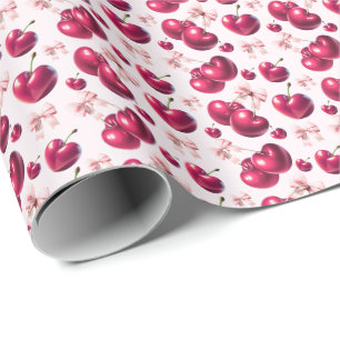 Coquette Cherry Pattern Pink Bow Aesthetic Wrapping Paper
