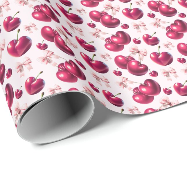Coquette Cherry Pattern Pink Bow Aesthetic  Wrapping Paper (Roll Corner)