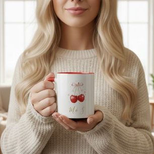 Coquette Cherry Pink Bow Mug Personalized Initials