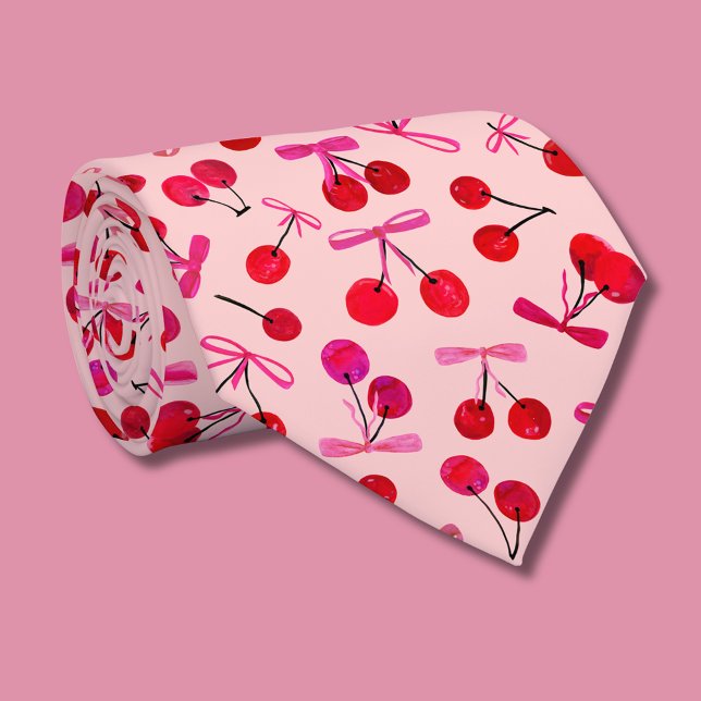 Coquette Cherry & Pink Bow pattern Tie (Cute cherry & bow, coquette aesthetic neck tie)