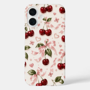 Coquette Cherry & Pink Satin Bow Seamless Pattern iPhone 16 Case