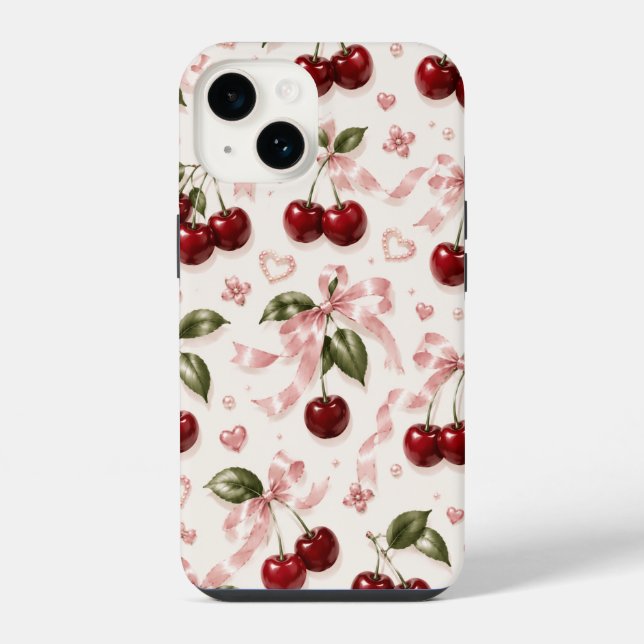 Coquette Cherry & Pink Satin Bow Seamless Pattern iPhone Case (Back)