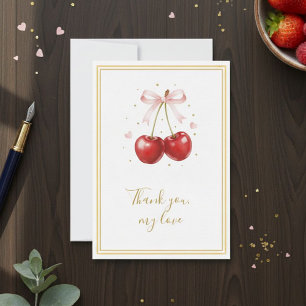 Coquette Cherry Thank You Card Pink Bow Gold