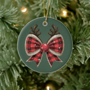 Coquette Christmas Bow Glitter Girly Red Plaid  Ceramic Tree Decoration