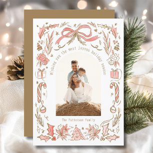 Coquette Christmas Family Photo Gold Doodle Holiday Card