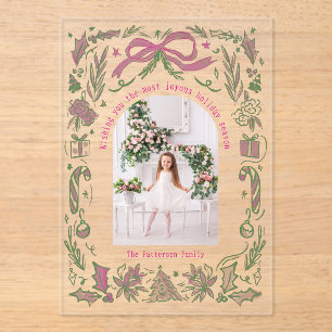 Coquette Christmas Family Photo Pink Green Doodle Acrylic Invitations