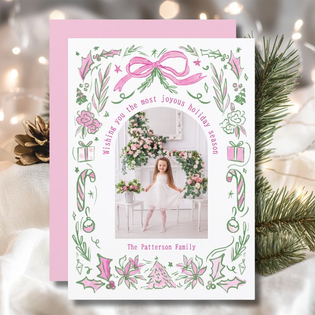 Coquette Christmas Family Photo Pink Green Doodle Holiday Card (Creator Uploaded)