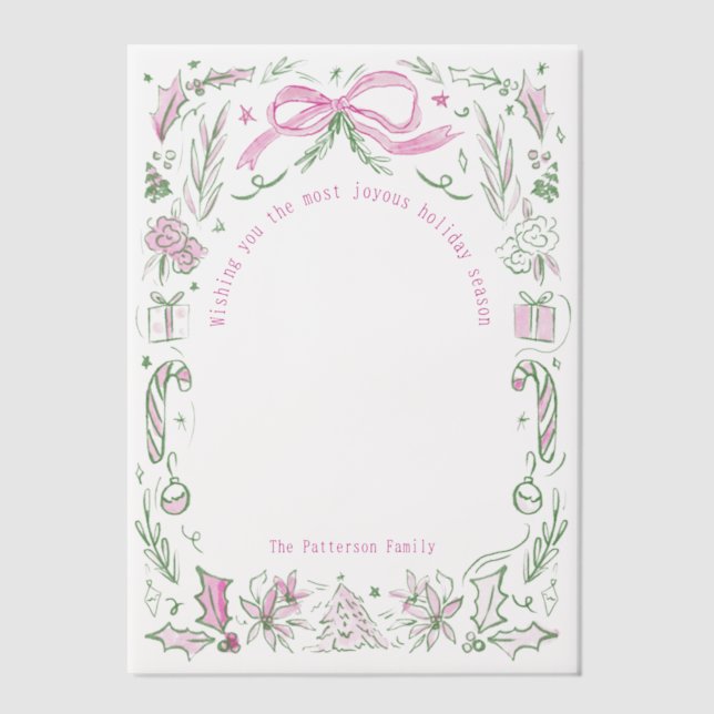 Coquette Christmas Family Photo Pink Green Doodle  Vellum Invitations (Front)